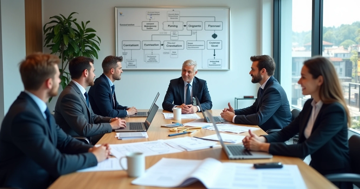 Equipe de consultoria reunida com documentos de obras 