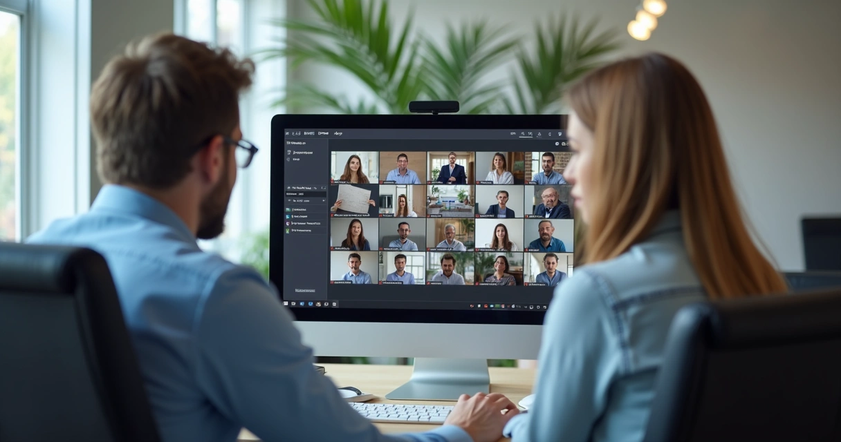Pessoa experiente liderando sessão de consultoria online com grupo, tela dividida entre apresentações e pessoas 