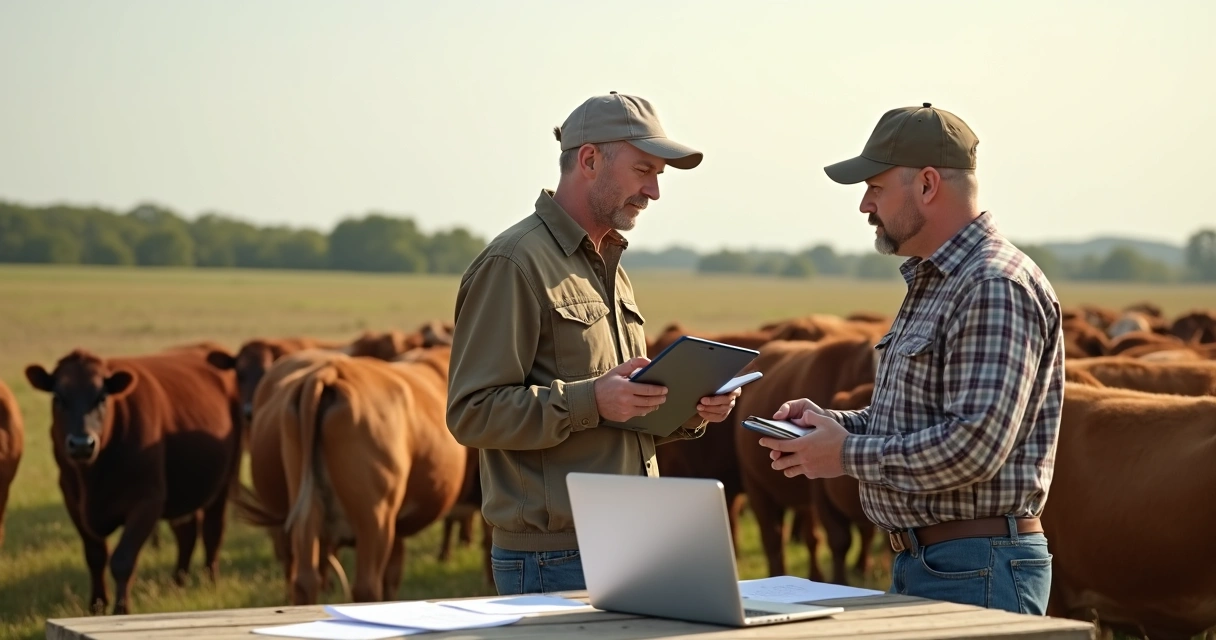 Consultor conversando com produtor em campo de gado, laptop aberto sobre mesa e gado ao fundo 