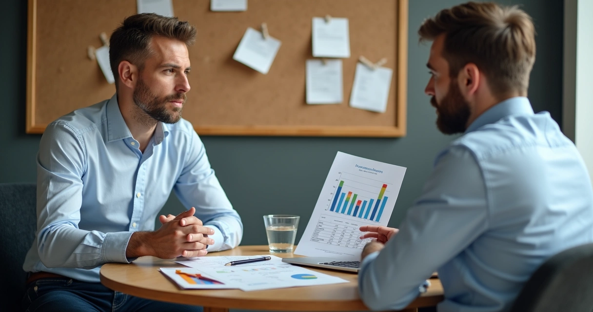 Consultor orienta empreendedor em mesa de reunião pequena 