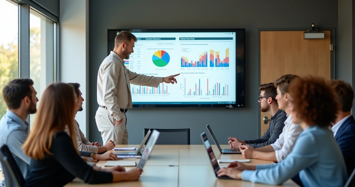 Consultor orientando equipe de empresa média em tela de ERP 