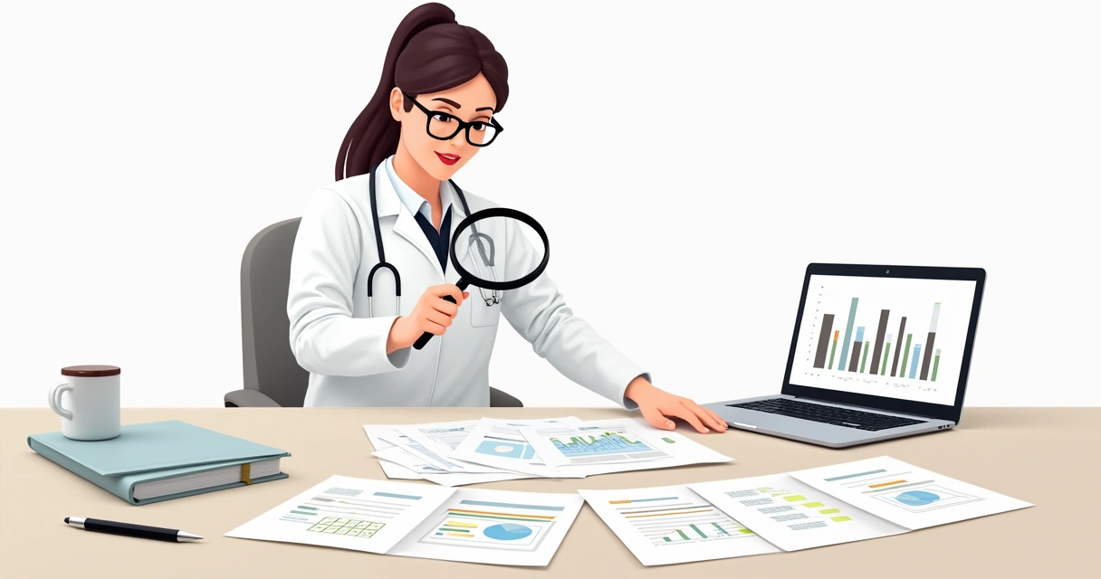 Perito analisando documentos digitais e gráficos em mesa de escritório 