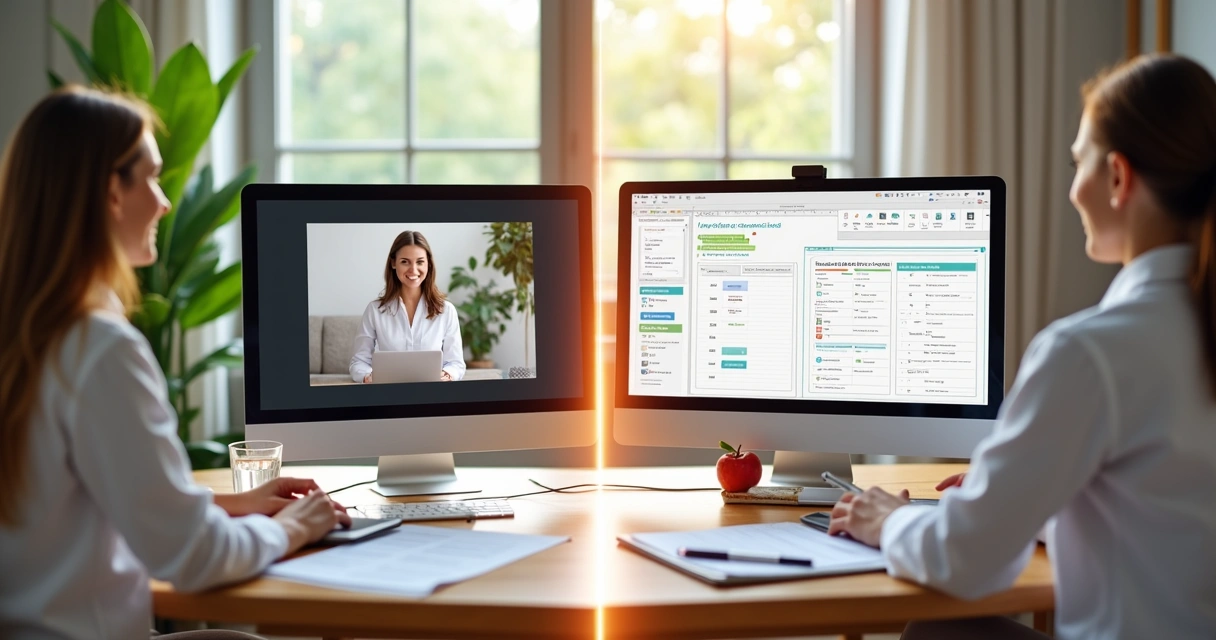 Nutricionista comparando consultoria personalizada e modelos prontos em tela dividida 