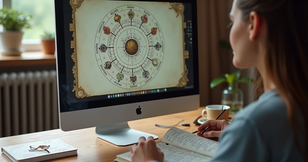 Pessoa analisando mapa astral em tela com anotações ao lado