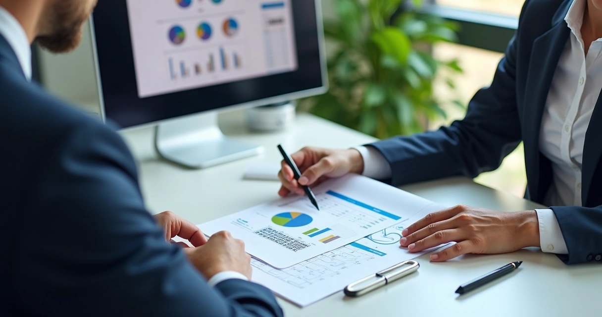 Consultor analisando documentos de planejamento de holding com cliente 
