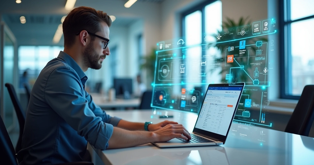 Profissional desenvolvendo aplicativo empresarial personalizado em computador com telas de Power Apps e gráficos de fluxos de trabalho ao fundo 
