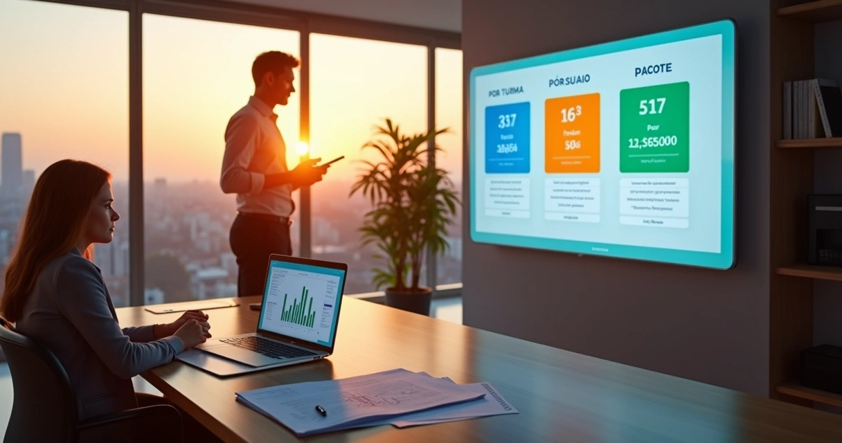 Consultor avaliando precificação de treinamento corporativo em painel digital 