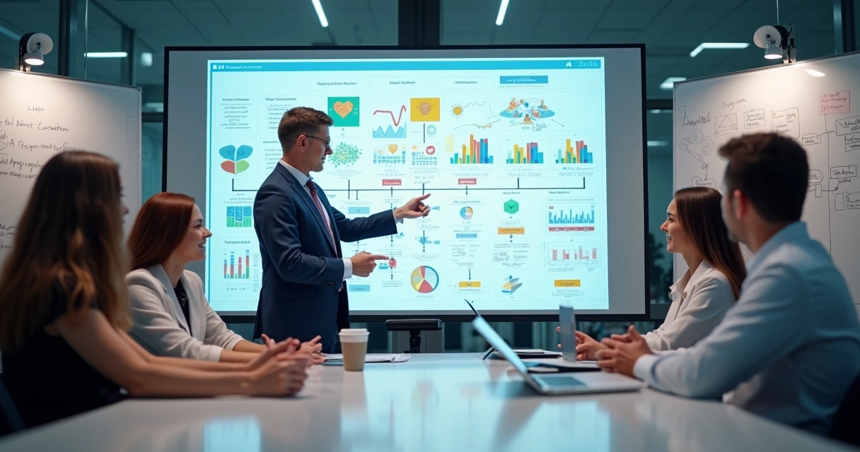 Consultor orientando equipe sobre análise de processos com BI 