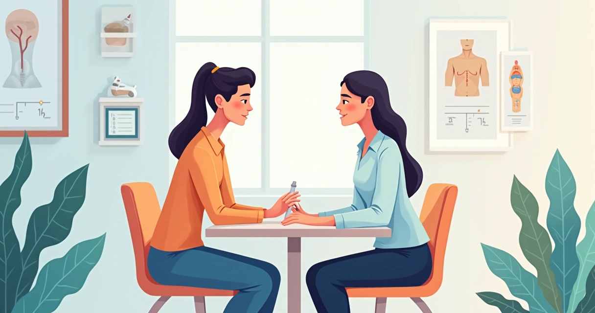 Profissional de estética conversando com jovem em uma sala clara e moderna com equipamentos ao fundo 