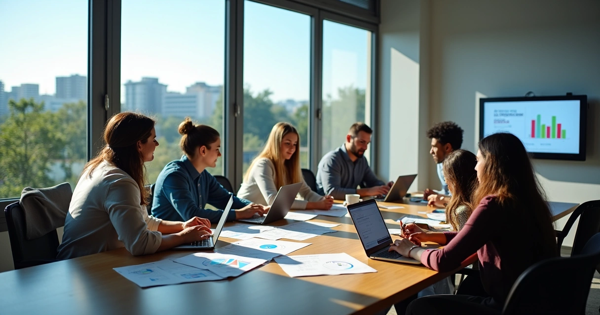 Reunião de equipe discutindo relatórios de publicidade digital 