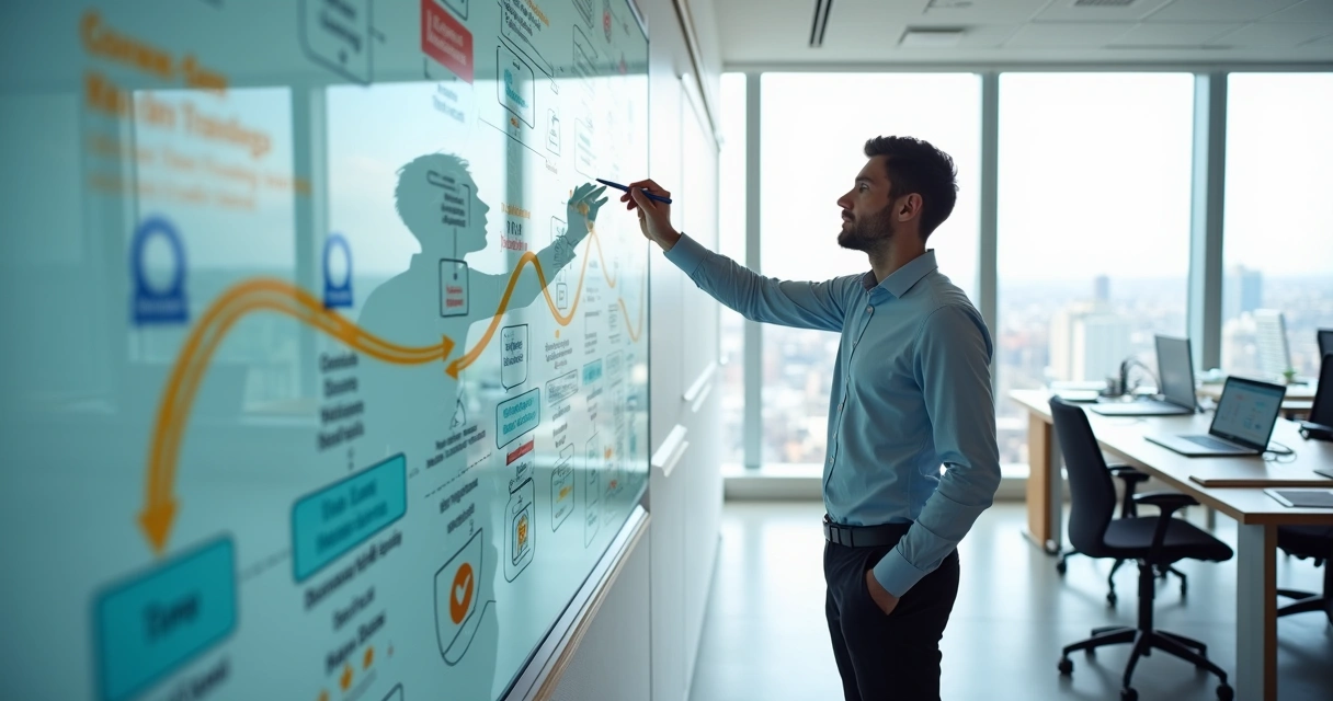 Consultor de RH desenhando trilhas de treinamento EAD em painel digital 