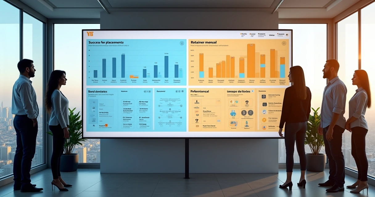 Equipe de consultoria de RH analisando painel de vagas e talentos em escritório moderno 