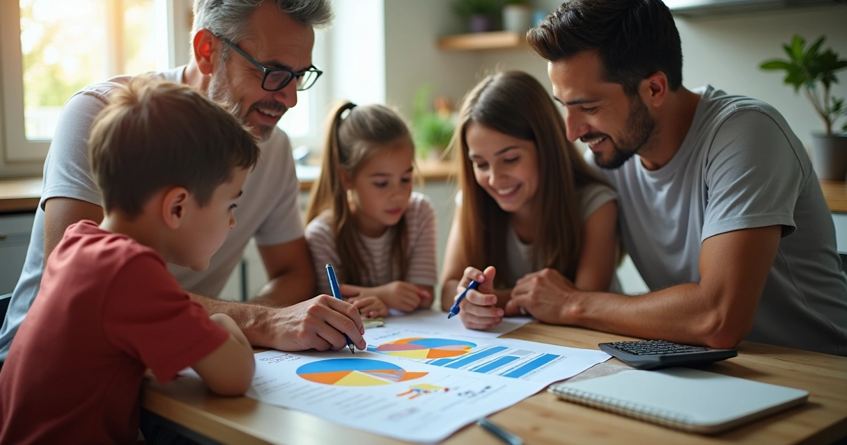 Família analisa planilha de finanças junto em casa