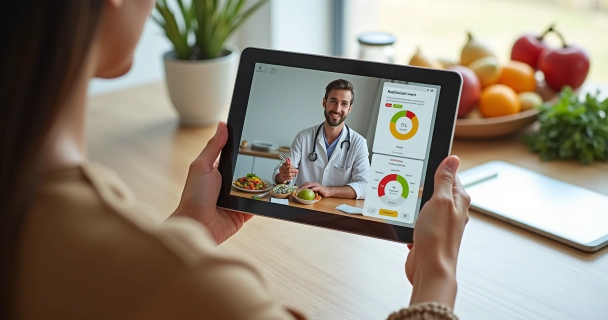Paciente em vídeo consulta com nutricionista pelo tablet