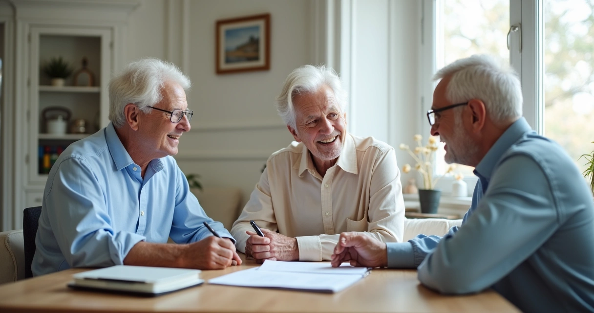 Consultora especializada em saúde analisando documentos de plano com casal maduro