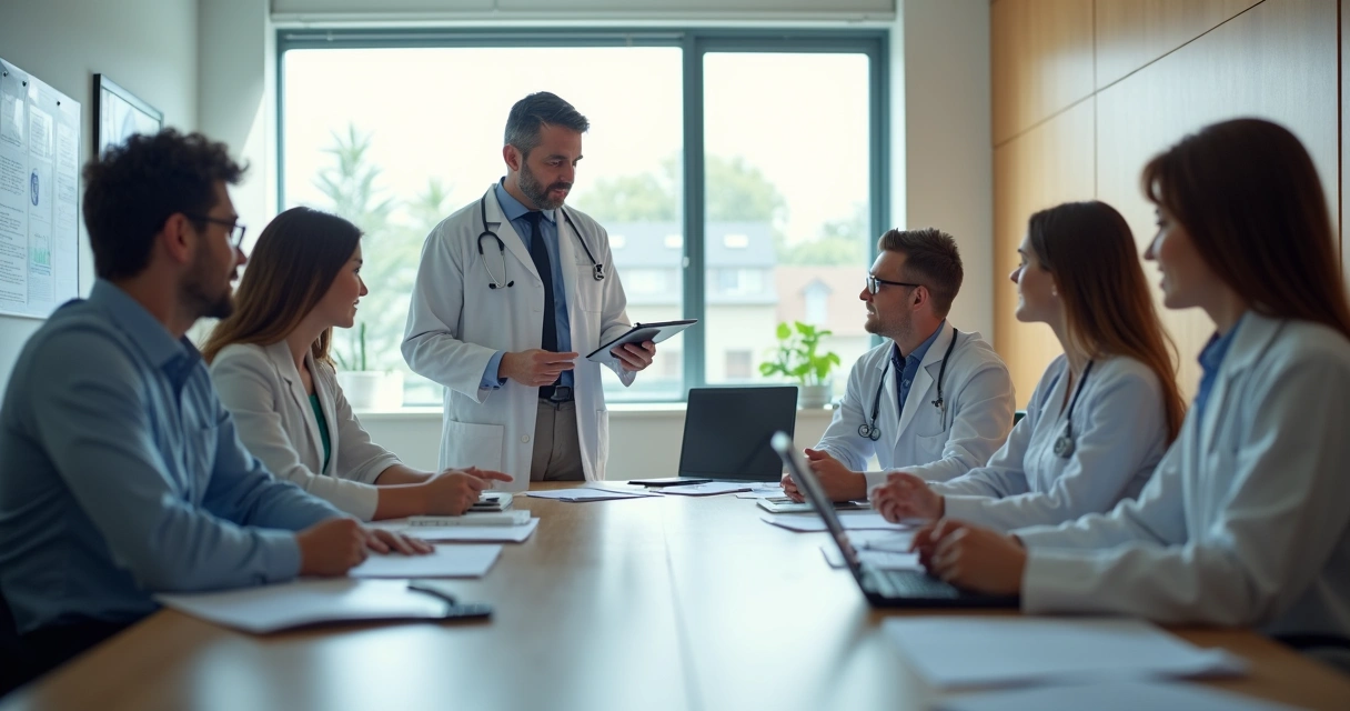 Consultor orientando grupo de médicos em mesa de reunião 