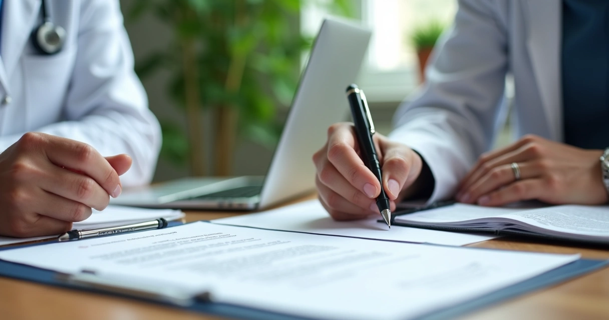 Consulta entre médico e consultor analisando contrato 