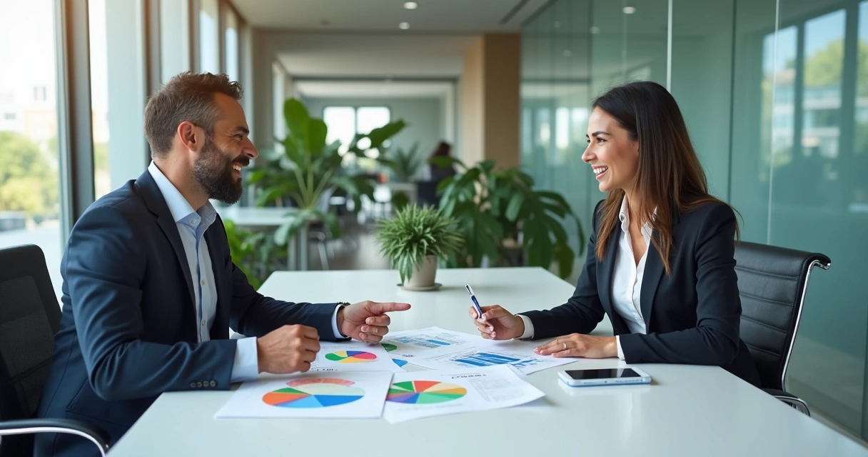 Consultor explicando seguro de vida a cliente em escritório moderno 