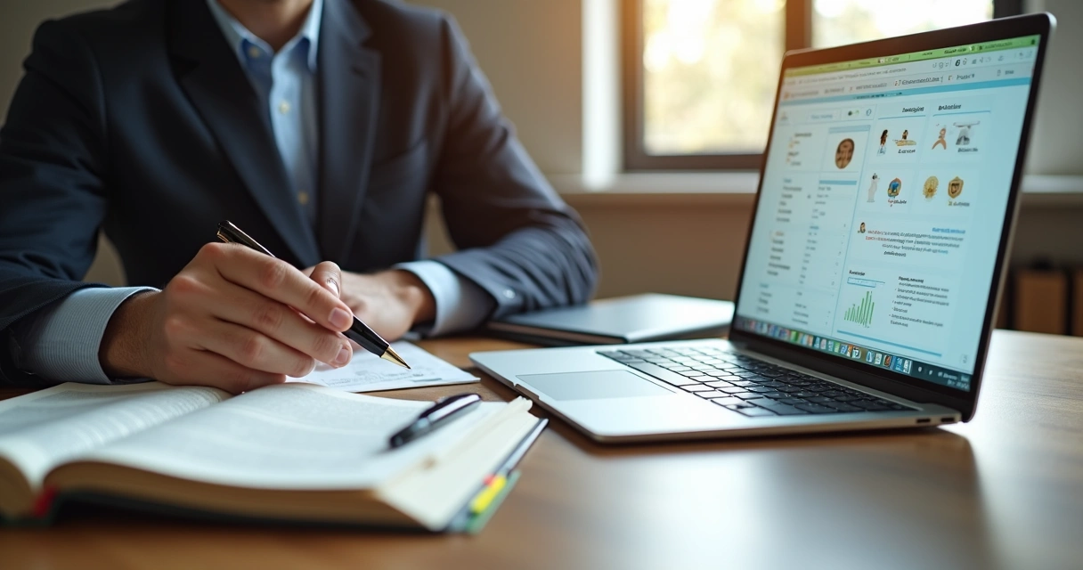 Pessoa analisa software de inventário no notebook ao lado de código civil aberto 