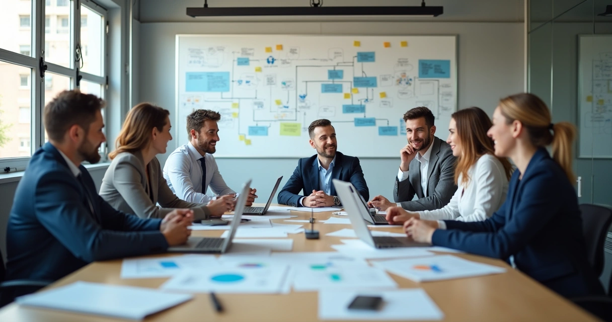 Equipe de consultoria de TI trabalhando em mesa de escritório com computadores modernos 