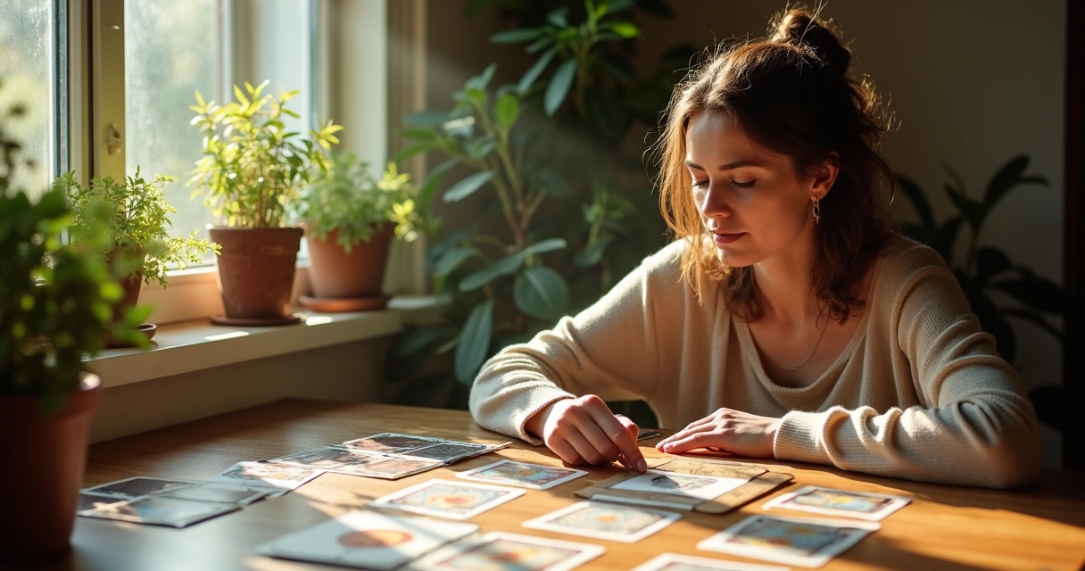 Consultora espiritual analisando cartas de tarot com expressão serena, ambiente iluminado