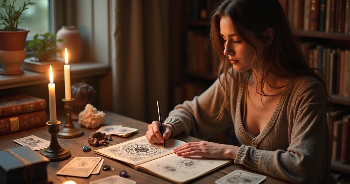 Mulher consultando cartas e caderno de numerologia em mesa iluminada por velas 