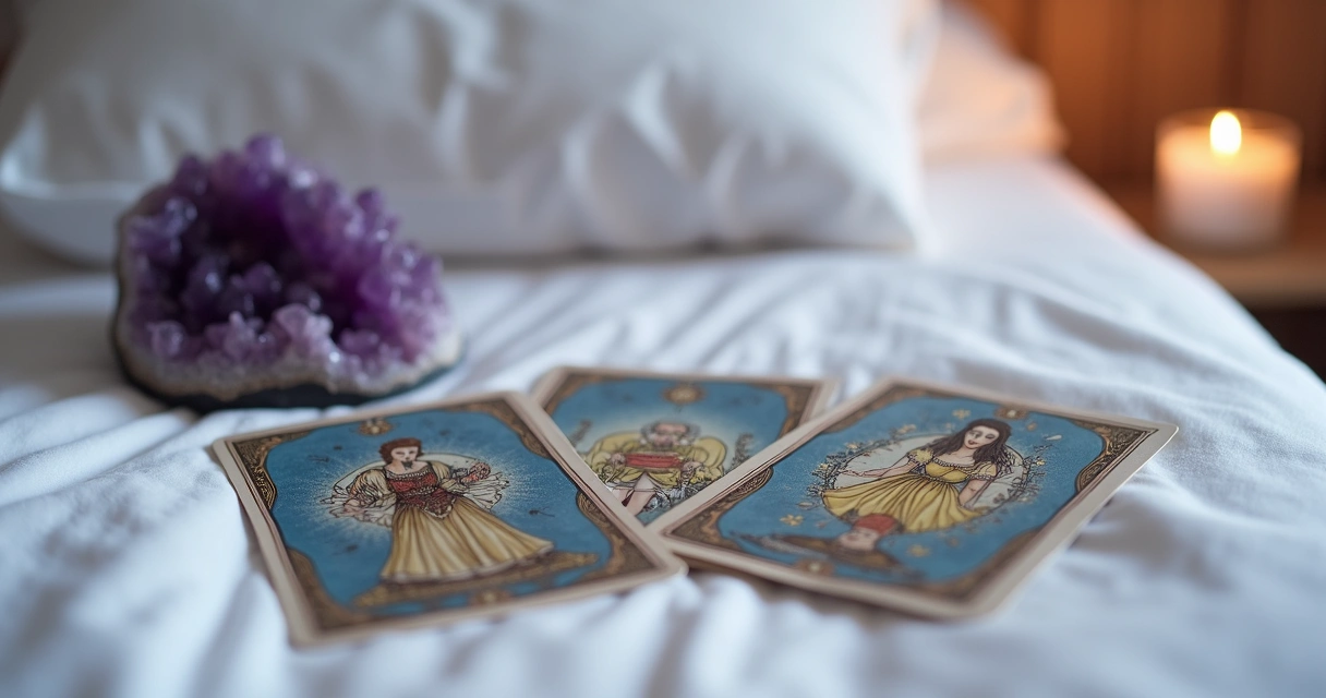 Cartas de tarot sobre lençol branco próximo a cristal violeta 