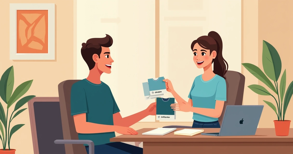 Consultor mostrando diferentes amostras de tecidos para um cliente escolher camisetas personalizadas 