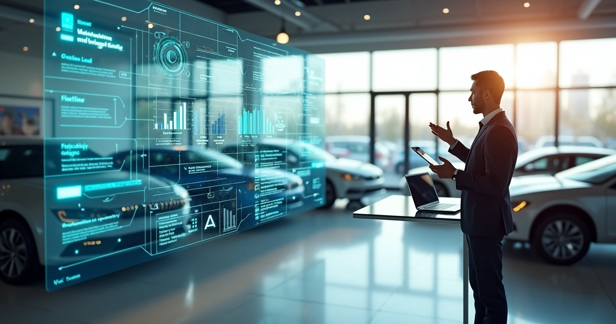Gestor de concessionária analisando painel digital com dados de vendas e IA 