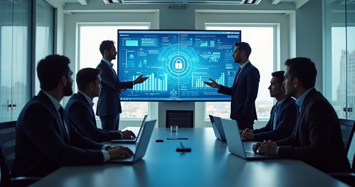 Equipe de TI apresenta relatório de cibersegurança a gestores em reunião corporativa 