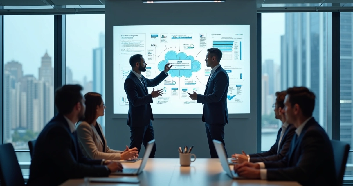 Consultor de TI apresenta soluções em nuvem em sala de reunião 