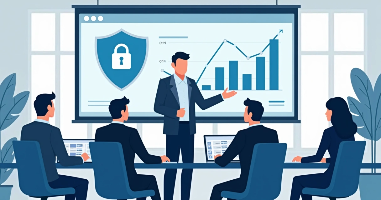 Consultor de TI orientando equipe em sala de reunião com gráficos digitais ao fundo 