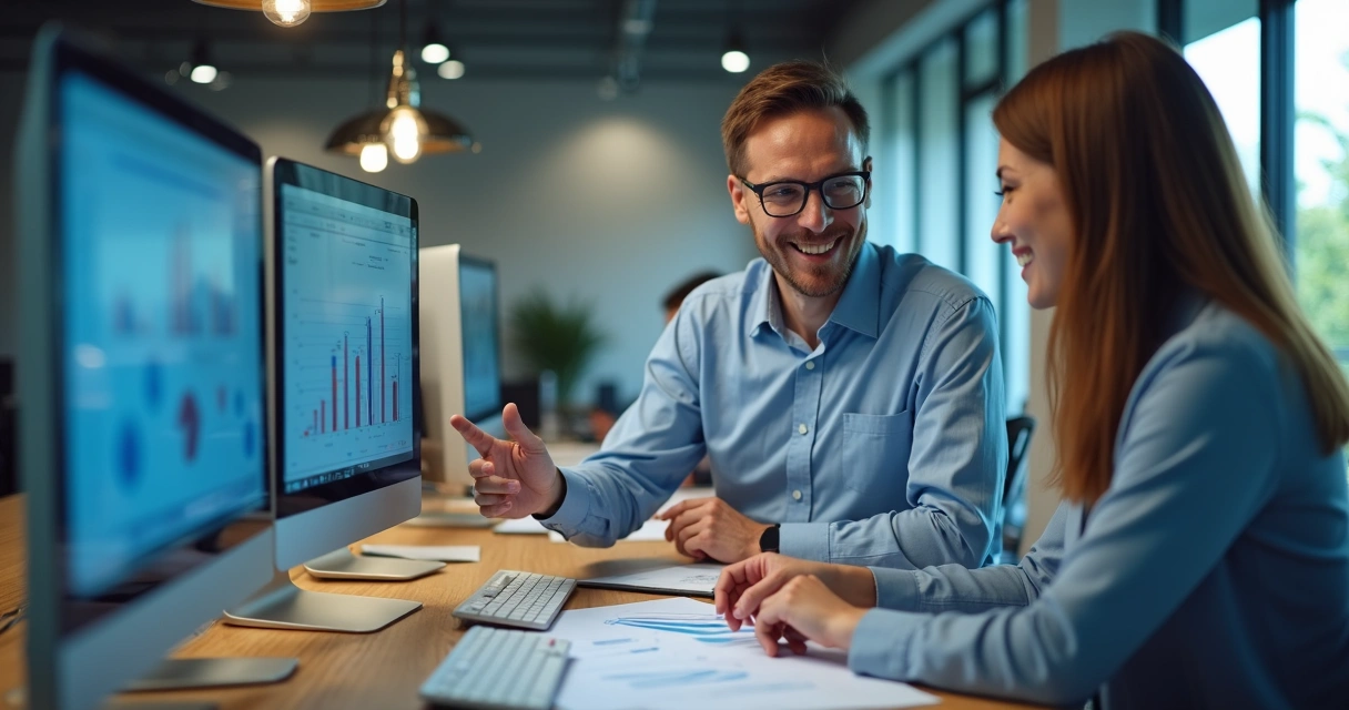 Profissional de TI realizando consultoria no escritório contábil, analisando computadores e documentos. 