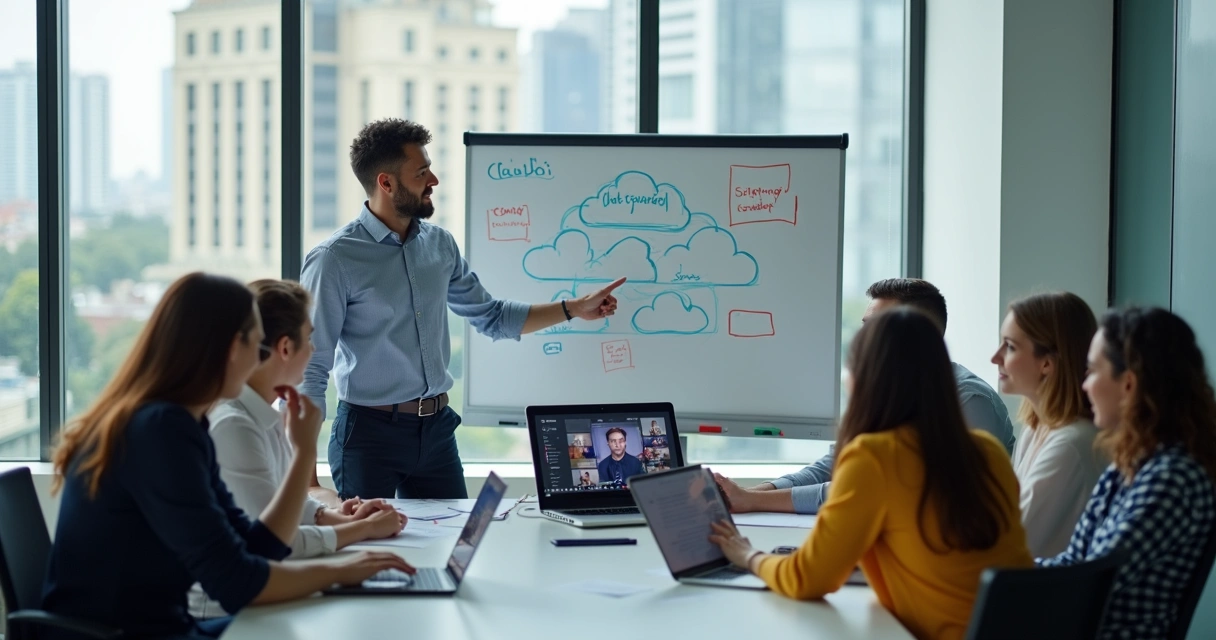 Consultor de TI auxiliando equipe em escritório moderno 