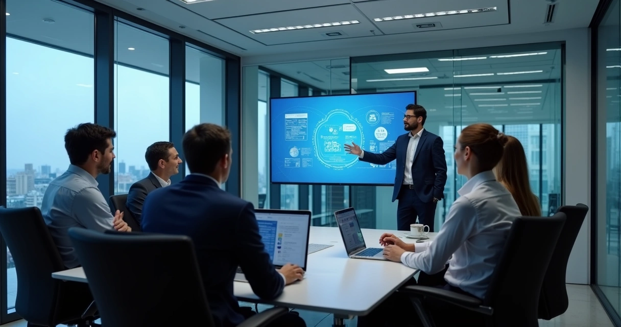 Consultor de TI orientando equipe em mesa de reunião corporativa 