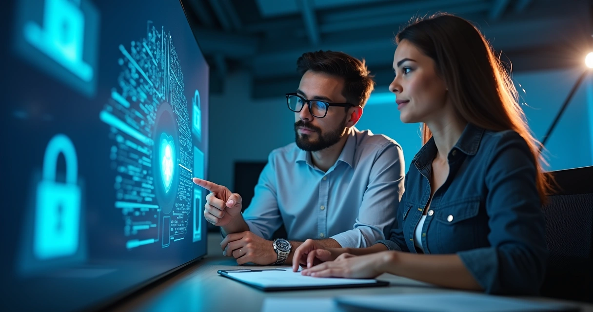 Consultor de TI e gestor conversando diante de painel digital de backup em nuvem 