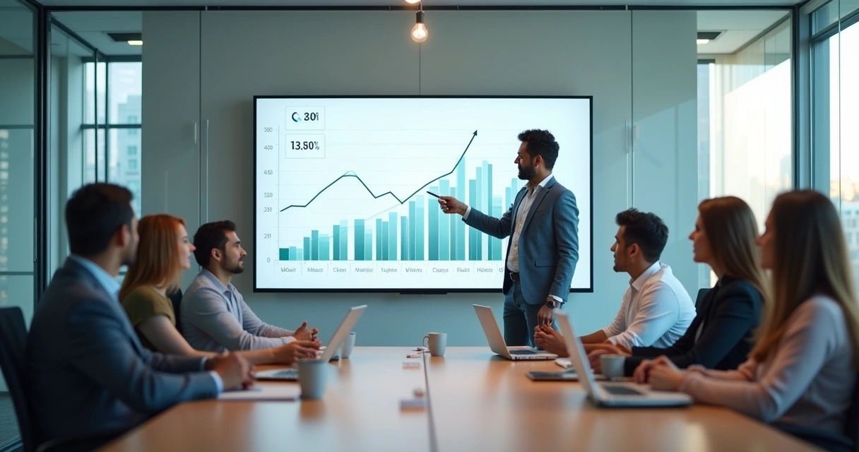 Consultor de TI apresenta gráficos de retorno sobre investimento para equipe de SaaS em sala moderna 