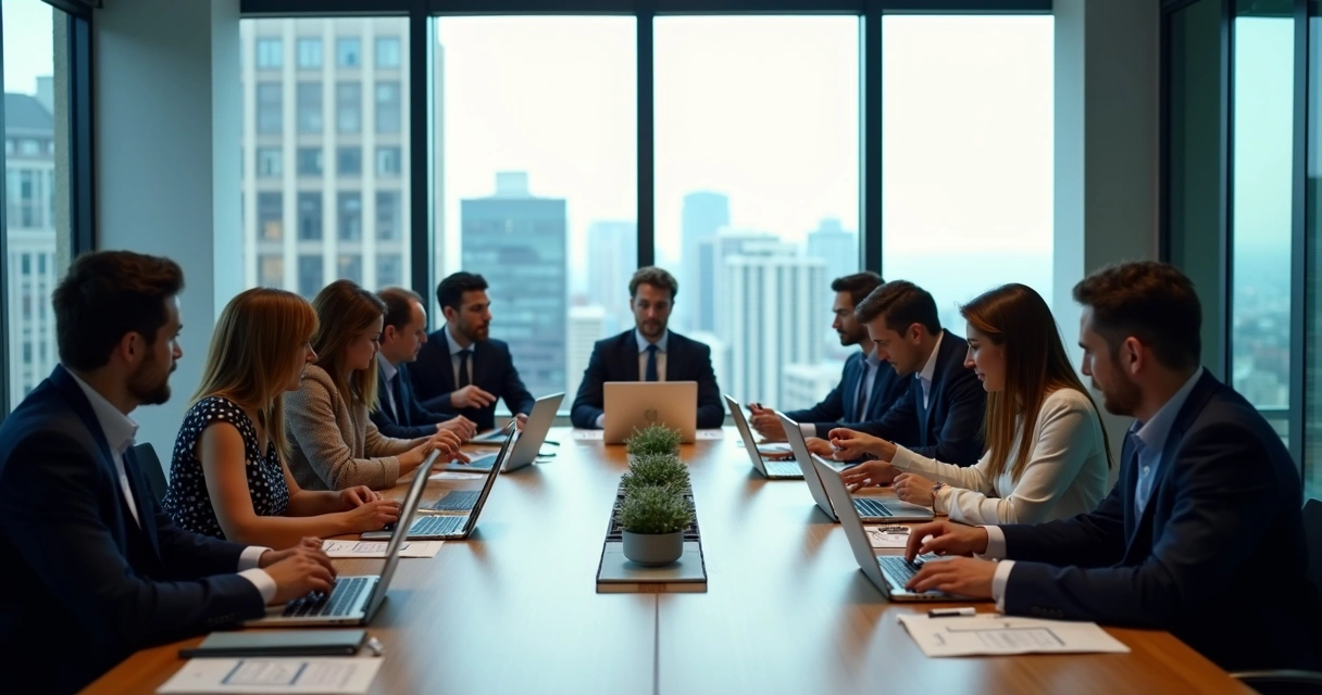 Reunião de tomada de decisão entre equipe de TI interna e consultores de tecnologia 