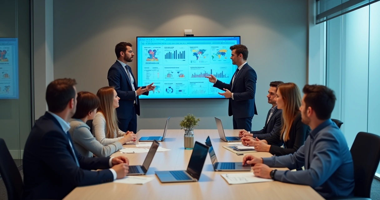 Equipe de consultoria de TI orientando profissionais de escritório contábil em sala de reunião moderna 