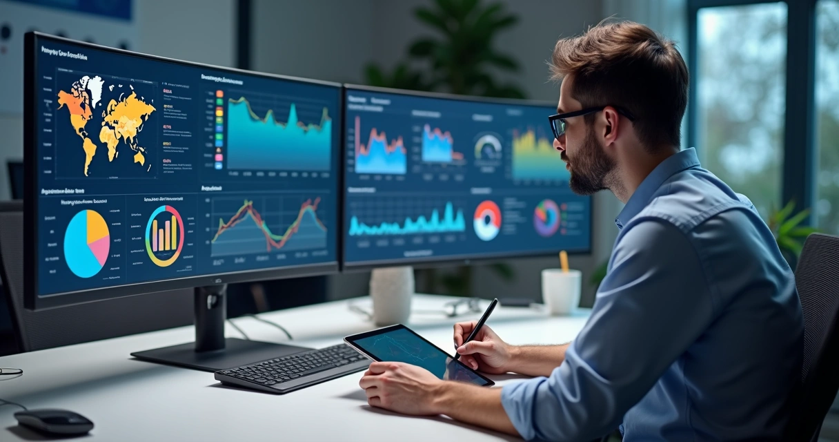 Profissional analisando gráficos de dados em telas de computador para otimização de campanhas de tráfego pago 