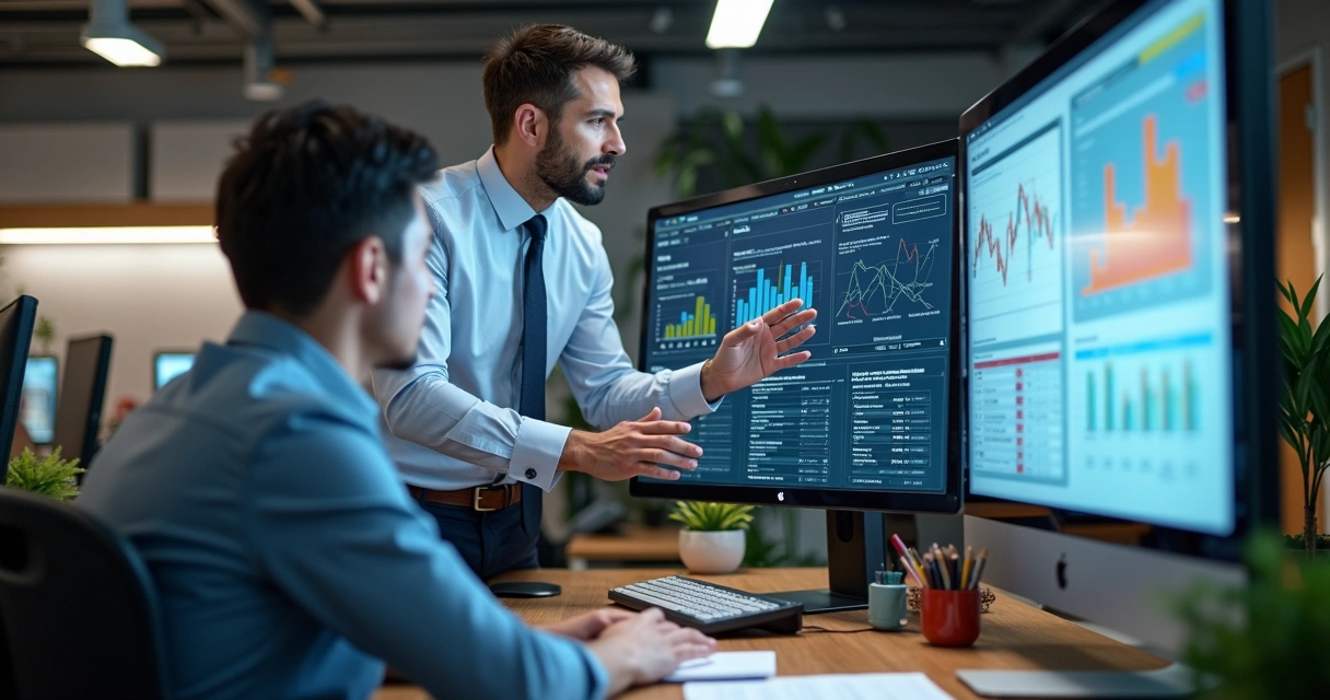Consultor orientando colaborador em frente a tela de computador com gráficos 