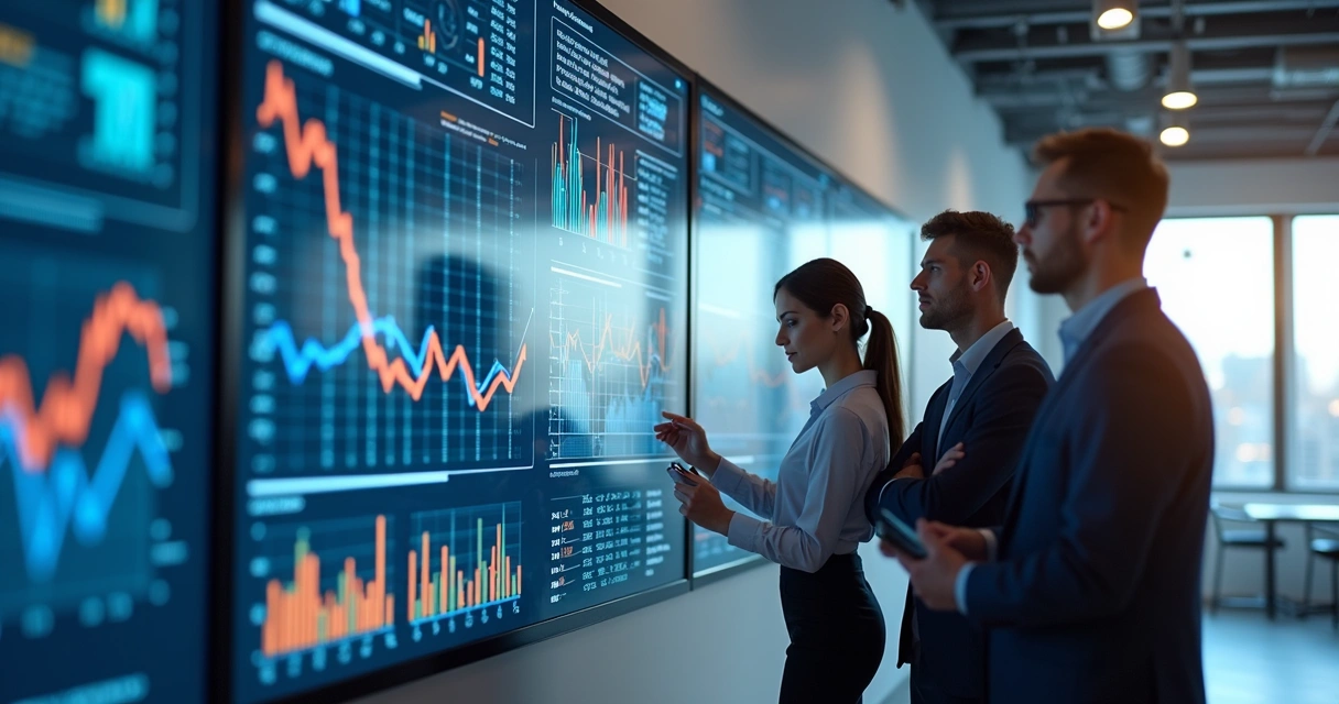 Profissionais de consultoria tributária analisando gráficos e dados fiscais em telas digitais modernas 