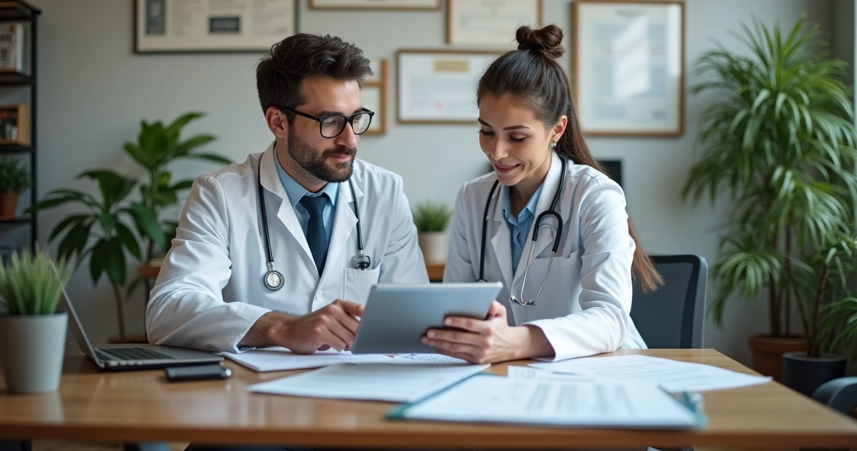 Contador e médico conversando sobre tributos em consultório 