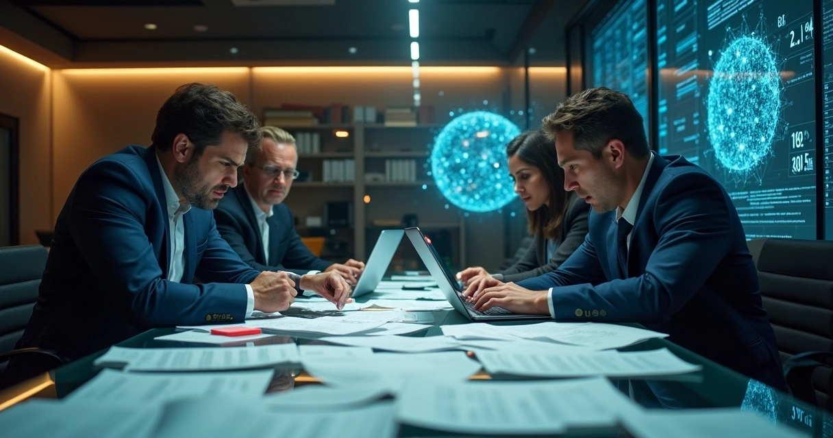 Equipe de consultoria tributária cercada de dados confusos e IA apagada ao fundo 