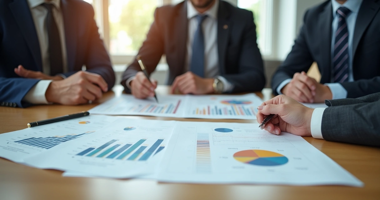 pequenos empresários e contador analisando gráficos e planilhas. 