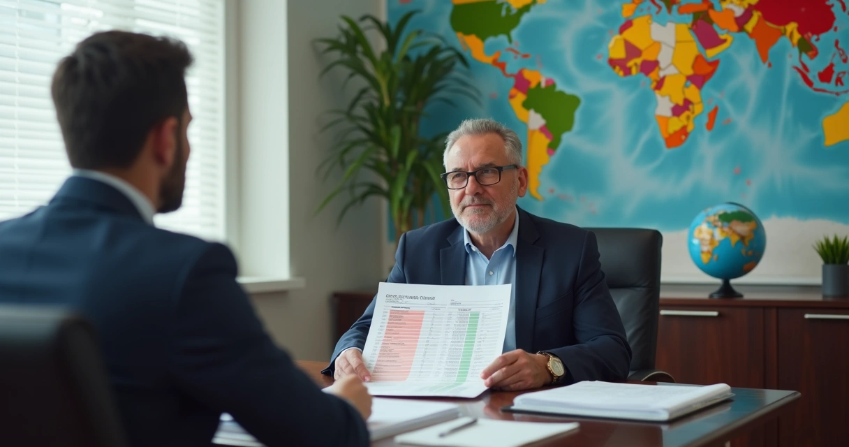 Advogado orientando cliente com planilha de ativos financeiros no exterior. 