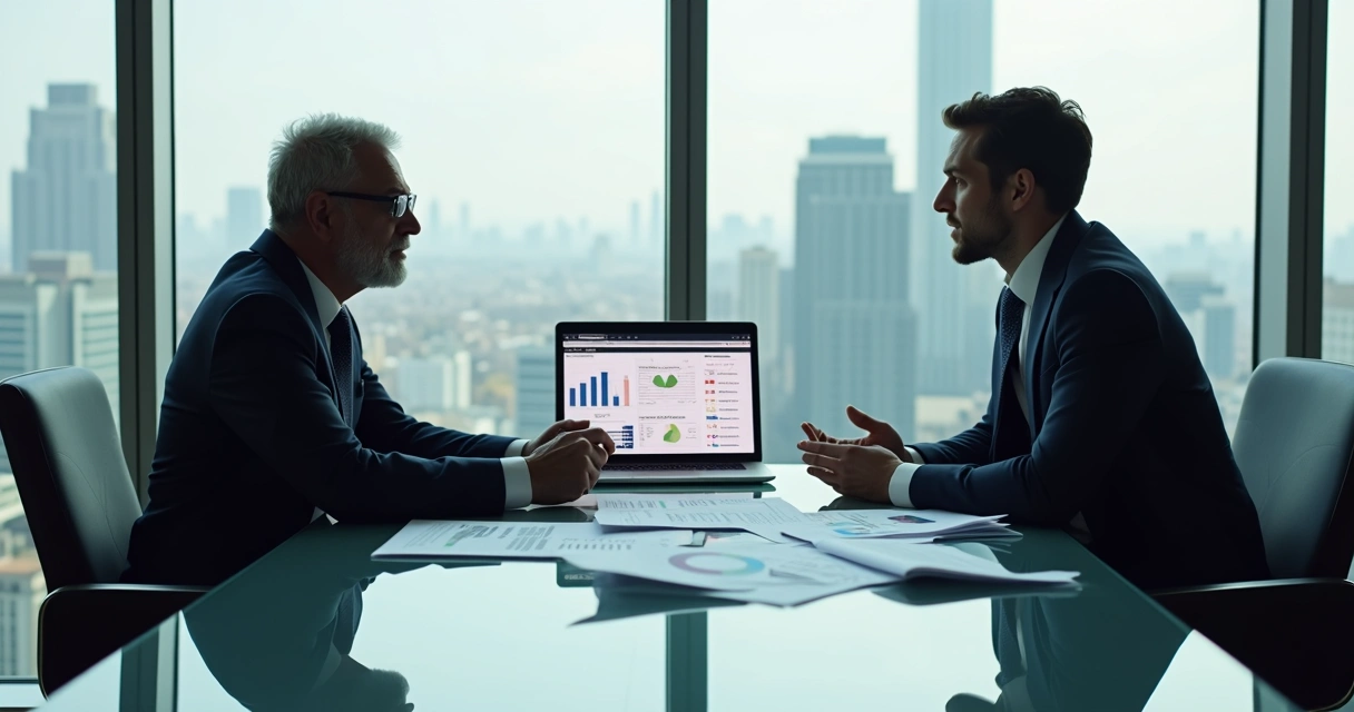 Investidor consulta especialista tributário com gráficos financeiros na mesa 