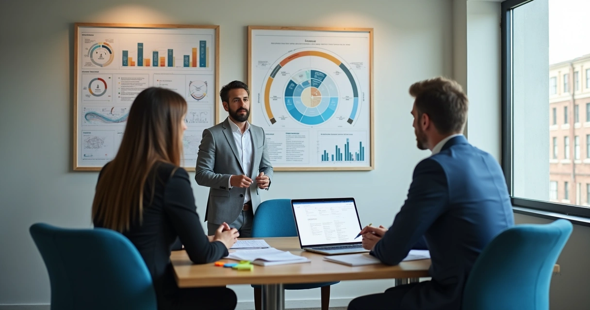 Consultor tributário explicando planejamento fiscal a empresário.