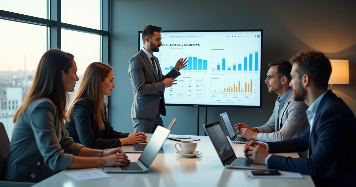 Reunião de consultoria tributária analisando documentos digitais 