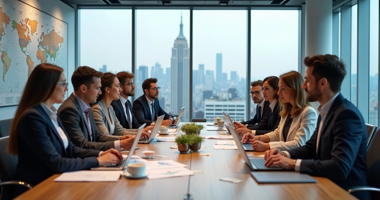 Equipe em reunião discutindo estratégias em turismo de luxo 